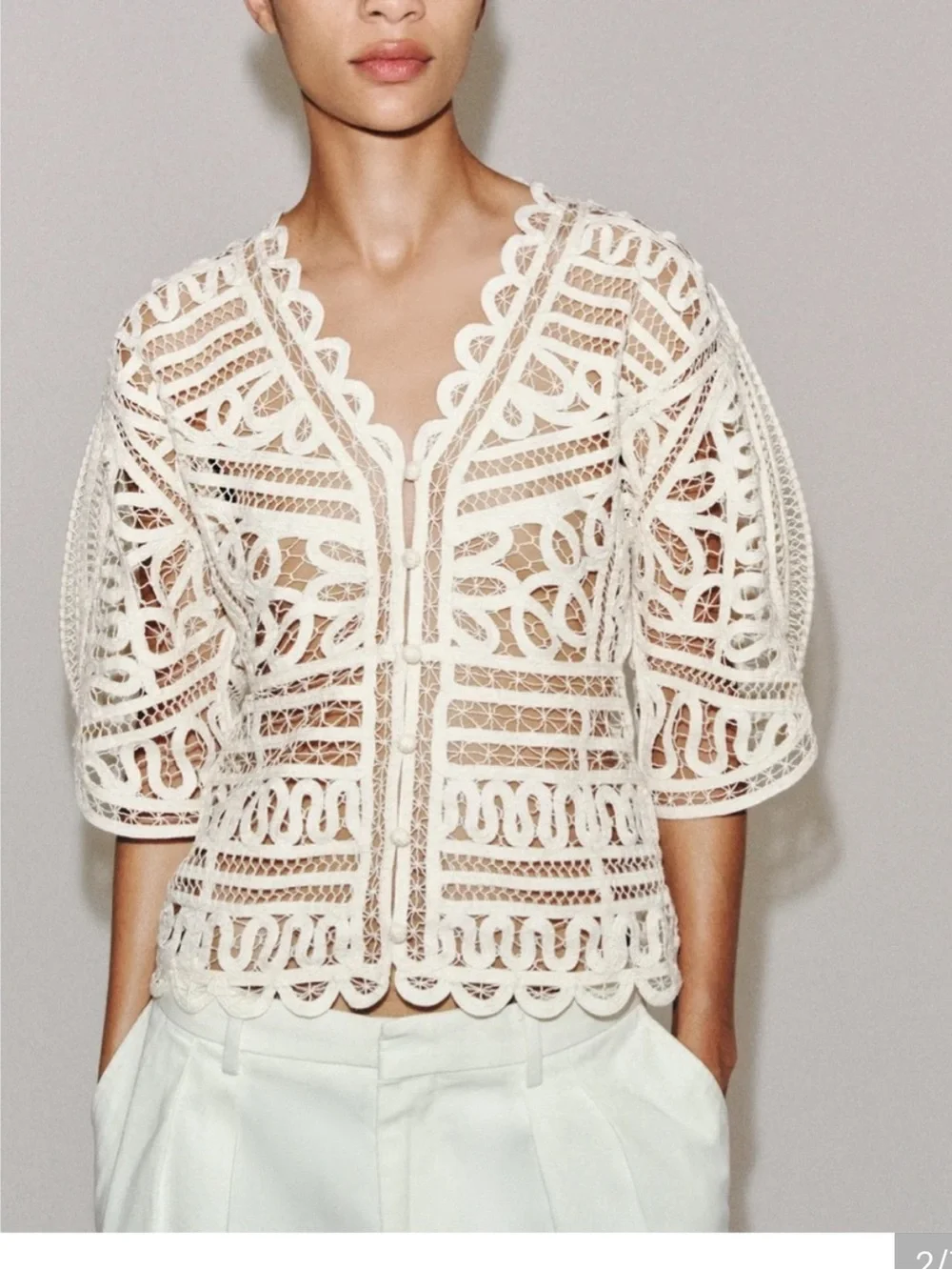 Zara NWT ZW COLLECTION crochet puff sleeve button front cardigan top